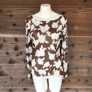 Vintage Carrie Allen Sheer Floral Sequin Split Sleeve Waist Tie Top Size Large
